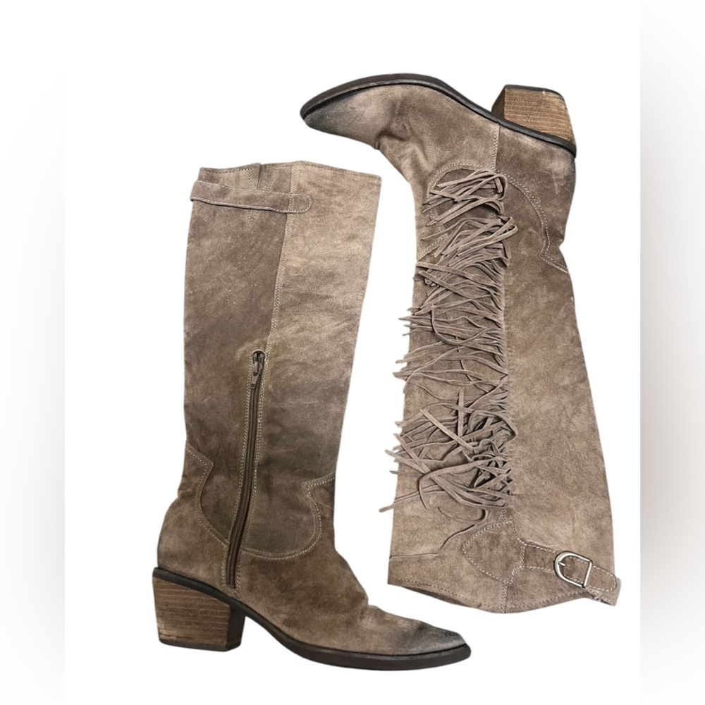 Carlos Santana Ringo taupe suede fringe knee high western distressed boots - Picture 8 of 11